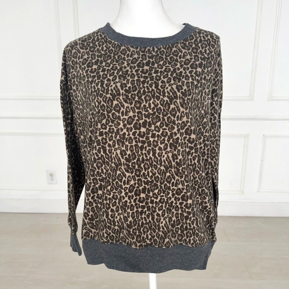 Splendid Women Large Brown Leopard Print Crew Neck‎ Lounge Top Sleepwear Casual
